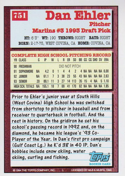 1994 Topps Dan Ehler DPK, RC, UER # 751 Florida Marlins