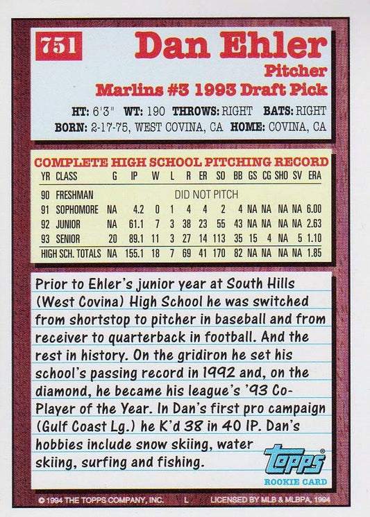 1994 Topps Dan Ehler DPK, RC, UER # 751 Florida Marlins