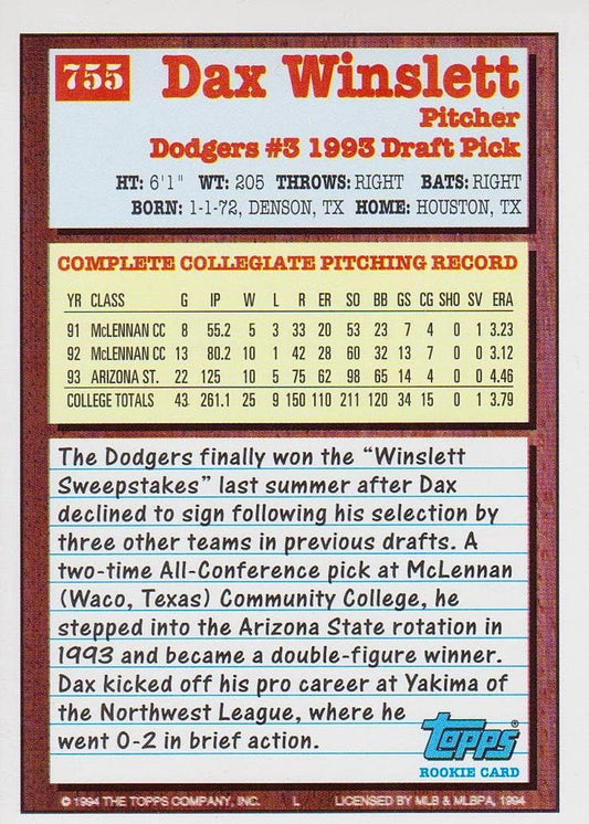 1994 Topps Dax Winslett DPK, RC # 755 Los Angeles Dodgers
