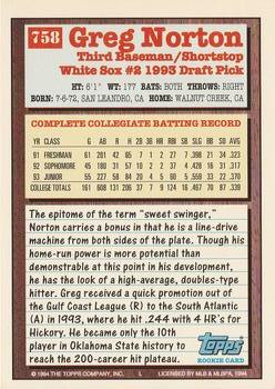 1994 Topps Greg Norton DPK, RC # 758 Chicago White Sox