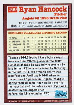 1994 Topps Ryan Hancock DPK, RC # 760 California Angels