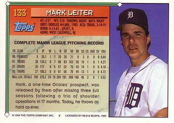 1994 Topps Mark Leiter # 133 Detroit Tigers