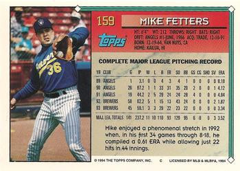1994 Topps Mike Fetters # 159 Milwaukee Brewers