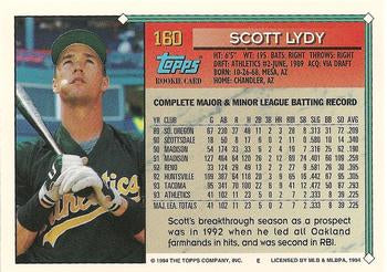 1994 Topps Scott Lydy RC # 160 Oakland Athletics