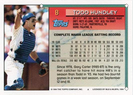 1994 Topps Todd Hundley # 8 New York Mets