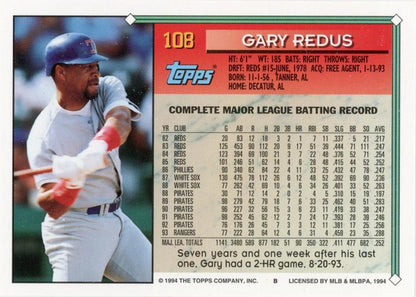 1994 Topps Gary Redus # 108 Texas Rangers