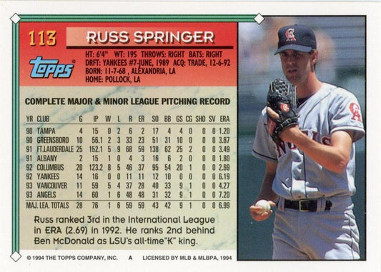 1994 Topps Russ Springer # 113 California Angels