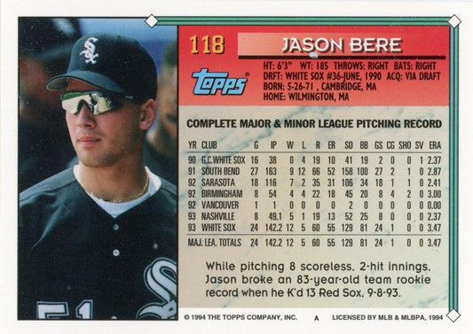 1994 Topps Jason Bere # 118 Chicago White Sox