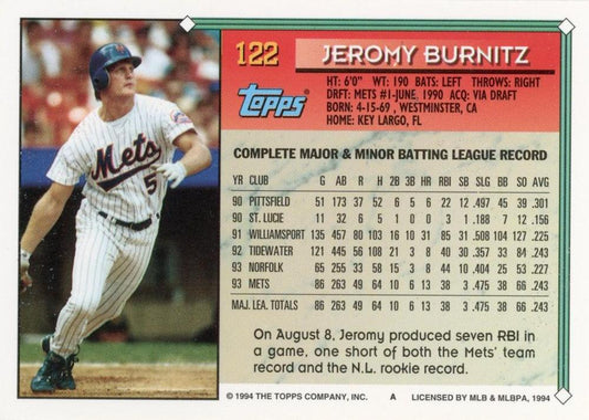 1994 Topps Jeromy Burnitz # 122 New York Mets