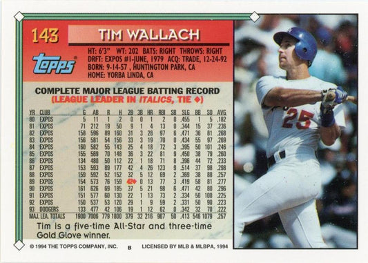 1994 Topps Tim Wallach # 143 Los Angeles Dodgers