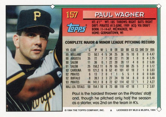 1994 Topps Paul Wagner # 157 Pittsburgh Pirates