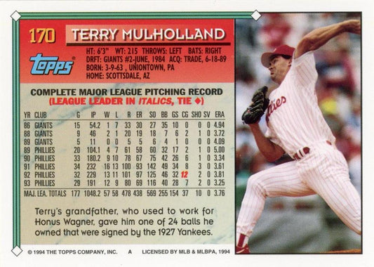1994 Topps Terry Mulholland # 170 Philadelphia Phillies