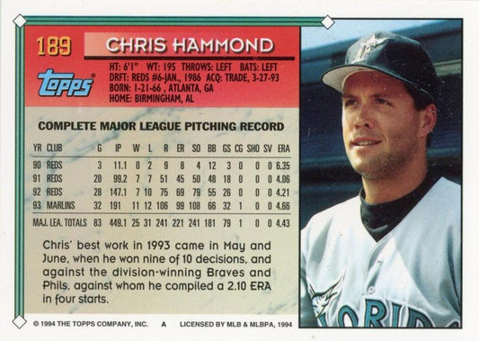 1994 Topps Chris Hammond # 189 Florida Marlins