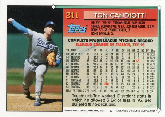 1994 Topps Tom Candiotti # 211 Los Angeles Dodgers