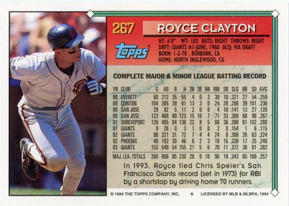 1994 Topps Royce Clayton # 267 San Francisco Giants