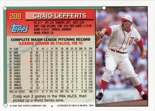 1994 Topps Craig Lefferts # 288 Texas Rangers