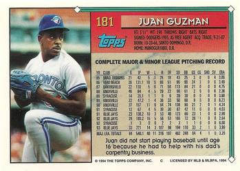 1994 Topps Juan Guzman # 181 Toronto Blue Jays