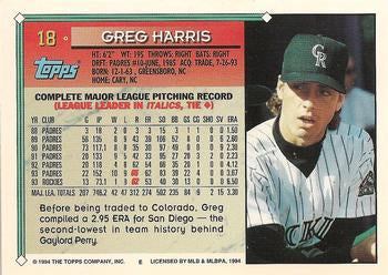 1994 Topps Greg Harris # 18 Colorado Rockies