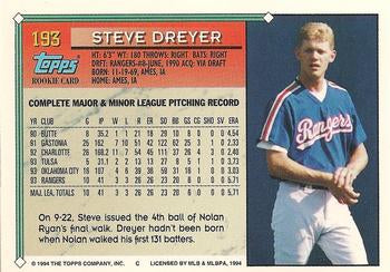 1994 Topps Steve Dreyer RC # 193 Texas Rangers