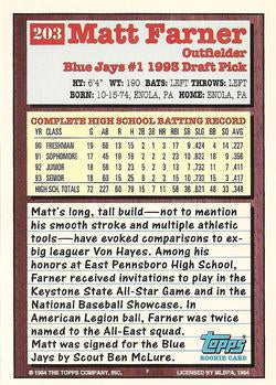 1994 Topps Matt Farner DPK, RC # 203 Toronto Blue Jays
