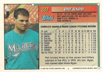 1994 Topps Pat Rapp # 227 Florida Marlins