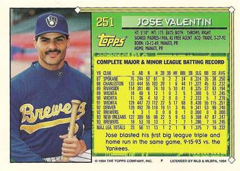 1994 Topps Jose Valentin FS # 251 Milwaukee Brewers