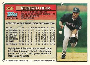 1994 Topps Roberto Mejia RC # 258 Colorado Rockies