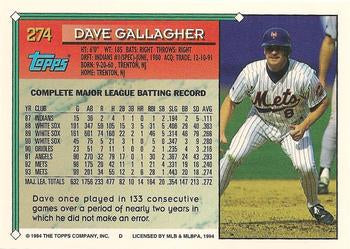 1994 Topps Dave Gallagher # 274 New York Mets