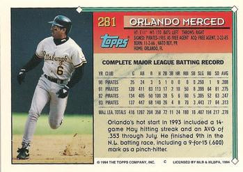 1994 Topps Orlando Merced # 281 Pittsburgh Pirates