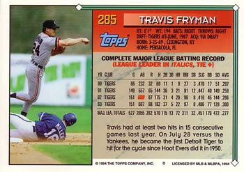 1994 Topps Travis Fryman # 285 Detroit Tigers