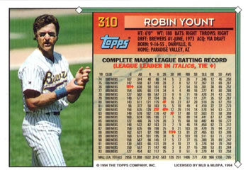 1994 Topps Robin Yount UER # 310 Milwaukee Brewers