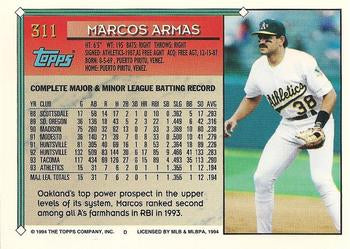 1994 Topps Marcos Armas # 311 Oakland Athletics