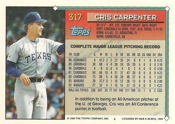 1994 Topps Cris Carpenter # 317 Texas Rangers