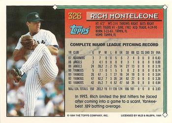 1994 Topps Rich Monteleone # 326 New York Yankees