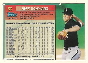 1994 Topps Jeff Schwarz RC # 33 Chicago White Sox