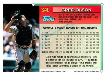 1994 Topps Greg Olson # 346 Atlanta Braves