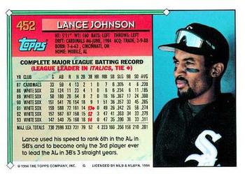 1994 Topps Lance Johnson # 452 Chicago White Sox