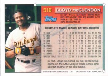 1994 Topps Lloyd McClendon # 518 Pittsburgh Pirates