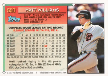 1994 Topps Matt Williams # 550 San Francisco Giants