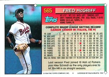 1994 Topps Fred McGriff # 565 Atlanta Braves