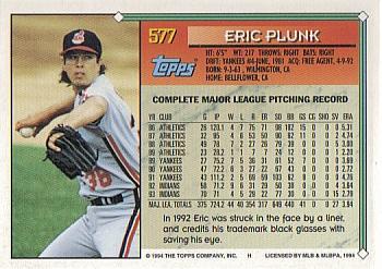 1994 Topps Eric Plunk # 577 Cleveland Indians