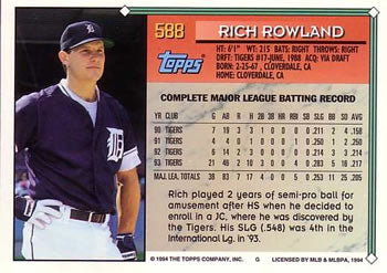 1994 Topps Rich Rowland # 588 Detroit Tigers