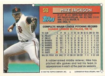 1994 Topps Mike Jackson # 58 San Francisco Giants
