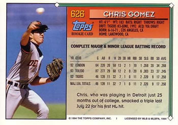 1994 Topps Chris Gomez RC # 626 Detroit Tigers