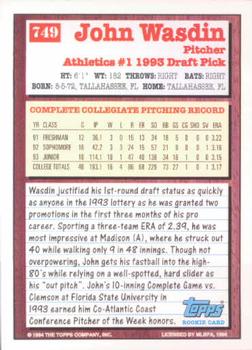 1994 Topps John Wasdin DPK, RC # 749 Oakland Athletics
