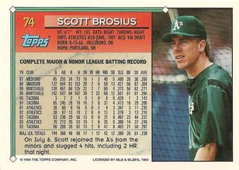 1994 Topps Scott Brosius # 74 Oakland Athletics