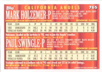 1994 Topps Mark Holzemer / Paul Swingle CA, RC # 765 California Angels