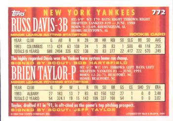1994 Topps Russ Davis / Brien Taylor CA, RC # 772 New York Yankees