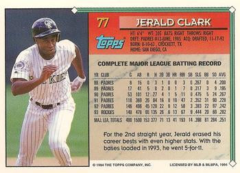 1994 Topps Jerald Clark # 77 Colorado Rockies