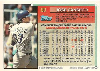 1994 Topps Jose Canseco # 80 Texas Rangers